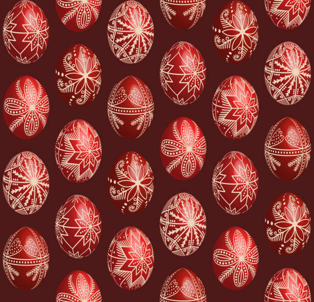ilustrações de stock, clip art, desenhos animados e ícones de vector pysanky on 3d easter red dyed eggs seamless pattern - easter eggs red