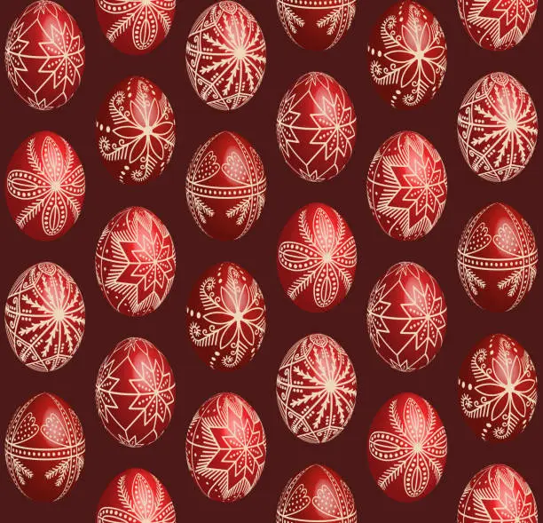Vector illustration of Vector Pysanky on 3D easter red dyed eggs seamless pattern
