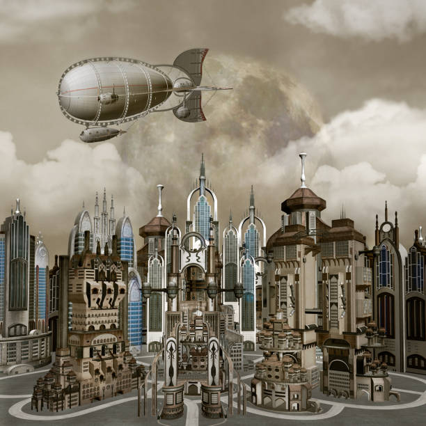 istock Fantasy futuristic town with a grey airship 1136864733