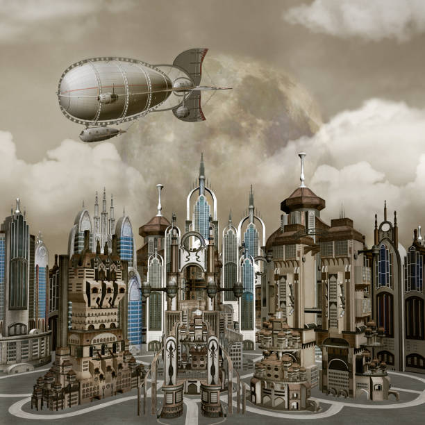 cidade futurista da fantasia com um dirigível cinzento - italy panoramic town square skyline - fotografias e filmes do acervo