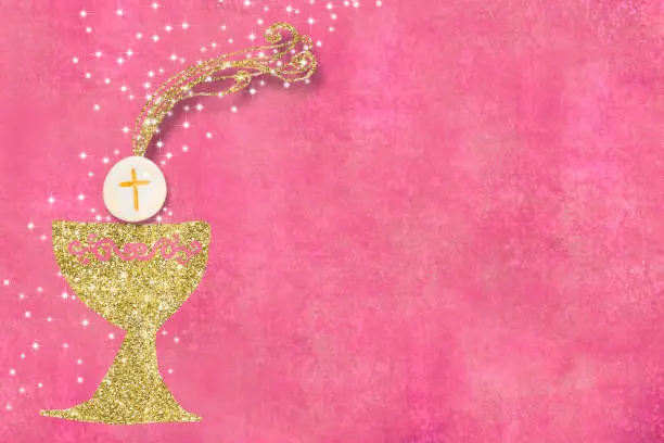 First Holy Communion invitations, gold chalice, host and stars on pink  background with empty space for text and photos