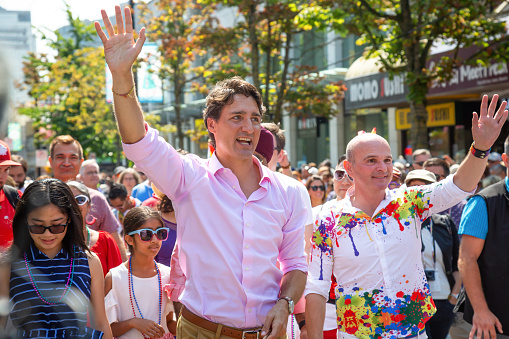 Downtown Vancouver, British Columbia, Canada - August 5, 2018: Canadian Prime Minister Justin Trudeau is celebrating Gay Pride Parade.