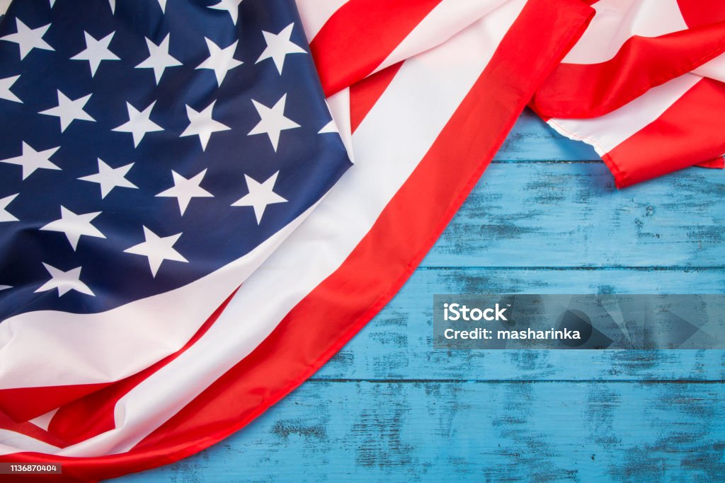 Veterans Day background. American flag on blue wood. Space for your text 911 Remembrance Stock Photo