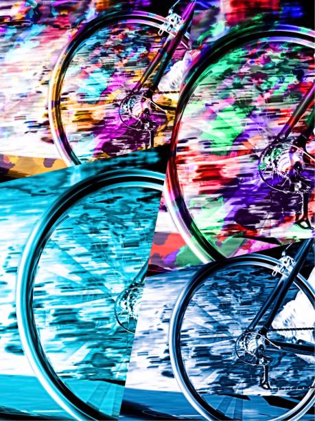 bicycle wheel with colorful abstract background in pink blue orange