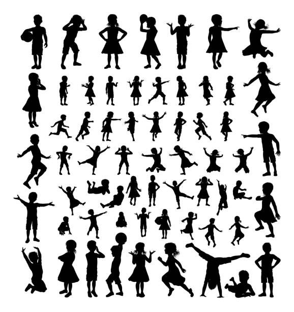 illustrations, cliparts, dessins animés et icônes de enfants kids silhouette grand ensemble - saut