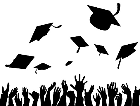 A graduation or convocation celebration silhouette with students throwing their caps in the air
