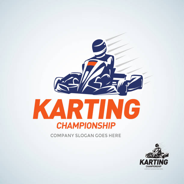 ilustraciones, imágenes clip art, dibujos animados e iconos de stock de karting club racing competición azul y blanco y negro emblema plantilla de diseño con jinete en kart silueta. - sport go cart go carting sports race