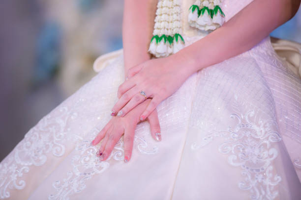 close up bride hand show diamond ring in wedding ceremony