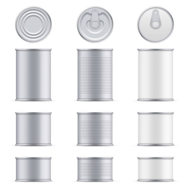 illustrations, cliparts, dessins animés et icônes de illustration vectorielle créative métal étain bidon de thon dessus et vue de face isolé sur fond transparent. art design alimentaire en aluminium, modèle d'emballage en acier maquette. élément graphique de concept abstrait - couvercle