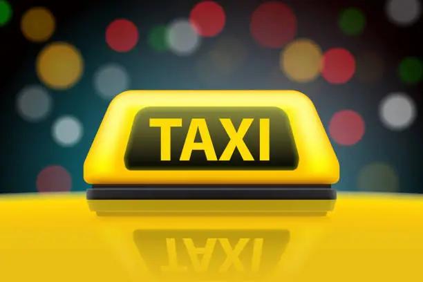 Vector illustration of Creative vector illustration of yellow taxi service car roof sign on the street at night blurred lighting background. Art design template. Abstract concept graphic bokeh element