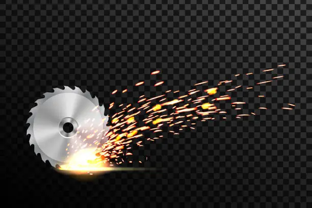 Vector illustration of Creative vector illustration of circular saw blade for wood, metal work with welding metal fire sparks isolated on transparent background. Art design template. Abstract concept graphic weld element