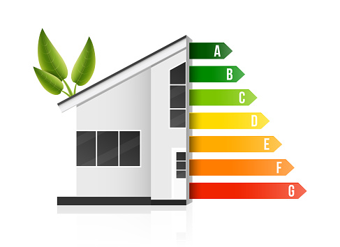 Creative vector illustration of home energy efficiency rating isolated on background. Art design smart eco house improvement template. Abstract concept graphic certification system element.