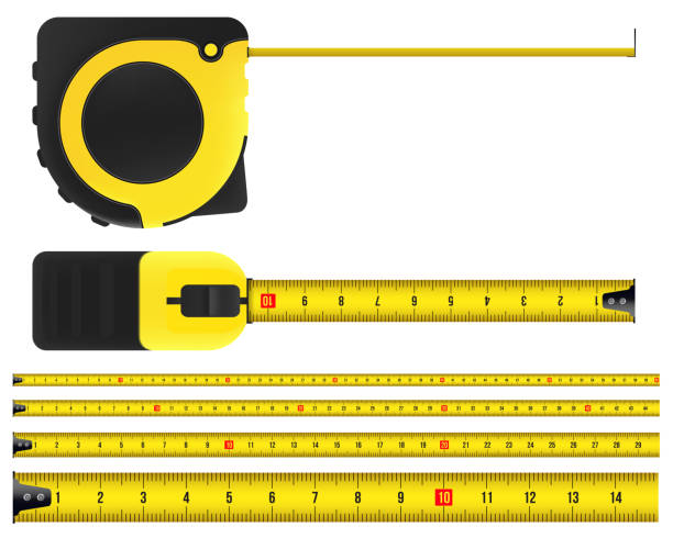 창조적 인 벡터 일러스트 레이 션의 테이프 측정, 측정 도구, 통치자, 미터 투명 한 배경에 고립. 아트 디자인 룰렛 템플릿입니다. 추상적인 개념 그래픽 요소 - tape measure yellow long instrument of measurement stock illustrations