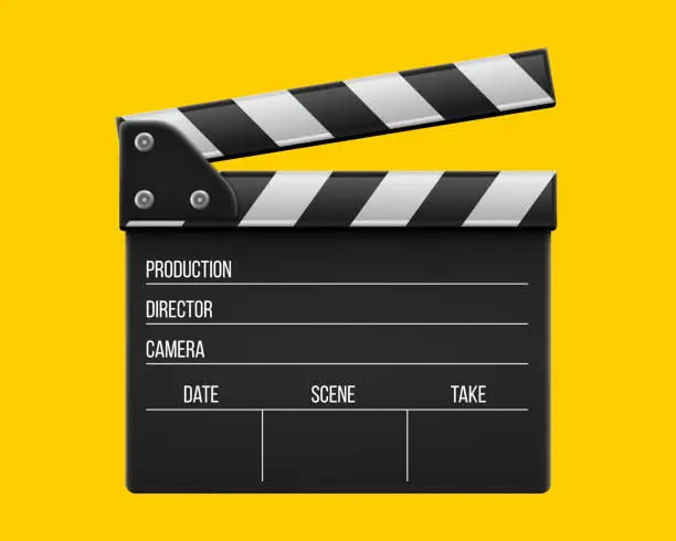 Vector illustration of Creative vector illustration of 3d realistic movie clapperboard, film clapper isolated on transparent background. Art design cinema slate board template. Abstract concept graphic filmmaking element