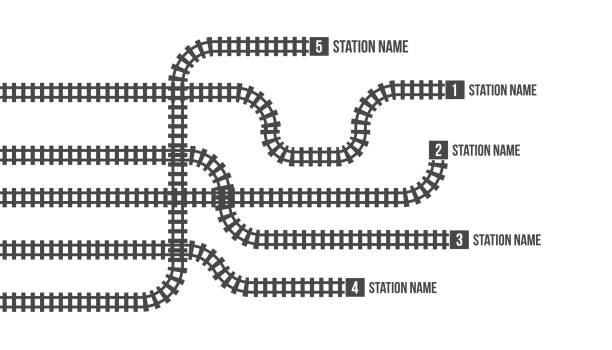 illustrations, cliparts, dessins animés et icônes de illustration vectorielle créative de la carte de la gare ferroviaire, infographie de la route du métro, voie ferrée ferroviaire chemin de fer, isolé sur fond transparent. modèle de conception d’art. élément graphique de concept abstrait - looking at view railroad station street railroad track