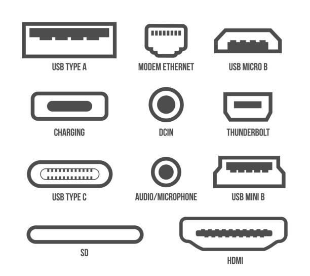 透明な背景に分離された usb コンピュータユニバーサルコネクタアイコンシンボルの創造的ベクトル図。ミニ、マイクロ、雷、タイプ a、b、c プラグの設計。抽象概念グラフィック要素 - storage compartment audio点のイラスト素材／クリップアート素材／マンガ素材／アイコン素材