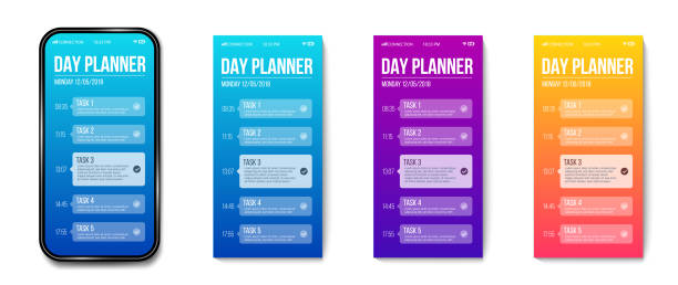 Creative vector illustration of phone day planner template, calendar done task isolated on transparent background. Art design interface to do list. Abstract concept graphic UX UI element Creative vector illustration of phone day planner template, calendar done task isolated on transparent background. Art design interface to do list. Abstract concept graphic UX UI element. phone calendar stock illustrations