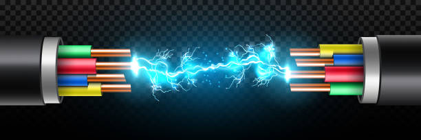 ilustrações de stock, clip art, desenhos animados e ícones de creative vector illustration of electric glowing lightning between colored break cable, copper wires with circuit sparks isolated on transparent background. art design. abstract concept element - electric arc