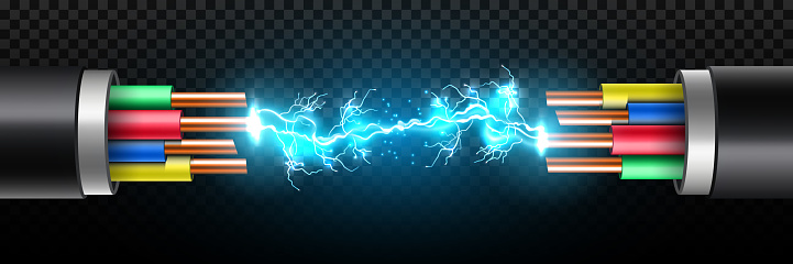 Creative vector illustration of electric glowing lightning between colored break cable, copper wires with circuit sparks isolated on transparent background. Art design. Abstract concept element.