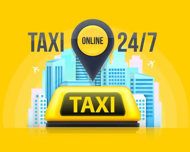 Vector illustration of Creative vector illustration of yellow taxi service car roof sign on the street at night blurred lighting background. Art design template. Abstract concept graphic bokeh element