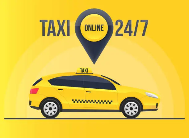 Vector illustration of Creative vector illustration of taxi online service banner, urban city skyscrapers isolated on transparent background. Art design mobile app template. Abstract concept graphic element