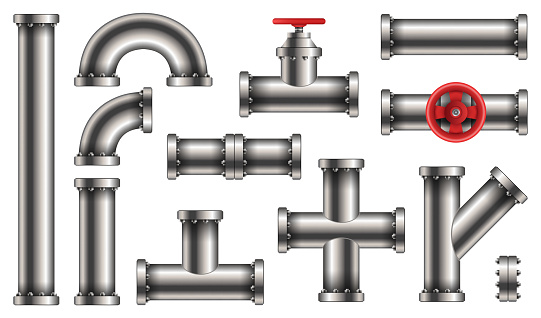 Creative vector illustration of steel metal water, oil, gas pipeline, pipes sewage isolated on transparent background. Art design abstract concept graphic ells, gate valve, fittings, faucet element.