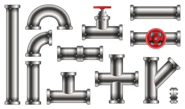 Vector illustration of Creative vector illustration of steel metal water, oil, gas pipeline, pipes sewage isolated on transparent background. Art design abstract concept graphic ells, gate valve, fittings, faucet element