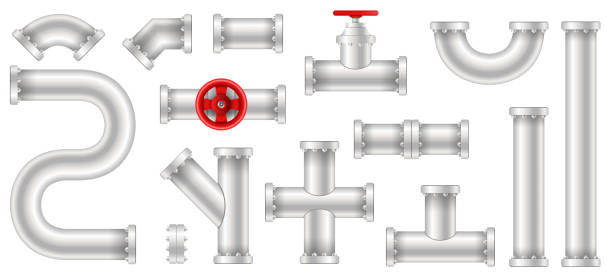 철강 금속 물, 석유, 가스 파이프 라인, 파이프 하 수의 창조적 인 벡터 일러스트 레이 션 투명 한 배경에 고립. 아트 디자인 추상적인 개념 그래픽, 게이트 밸브, 피팅, 수도 꼭지 요소 - pipe pvc drain sewer stock illustrations