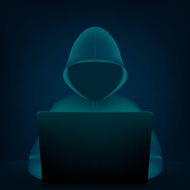 ilustrações, clipart, desenhos animados e ícones de ilustração criativa do vetor do hacker do computador com hoodie e a face obscurecida escura, portátil do pc no fundo. design de arte cibersegurança, modelo de segurança na internet. elemento abstrato do gráfico do conceito - computer language internet computer e mail