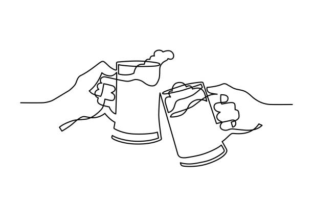 ilustraciones, imágenes clip art, dibujos animados e iconos de stock de cerveza anima una línea - beer backgrounds alcohol glass