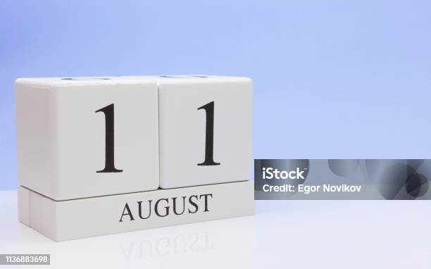 August 11st Day 11 Of Month Daily Calendar On White Table With Reflection With Light Blue Background Summer Time Empty Space For Text Stock Photo - Download Image Now