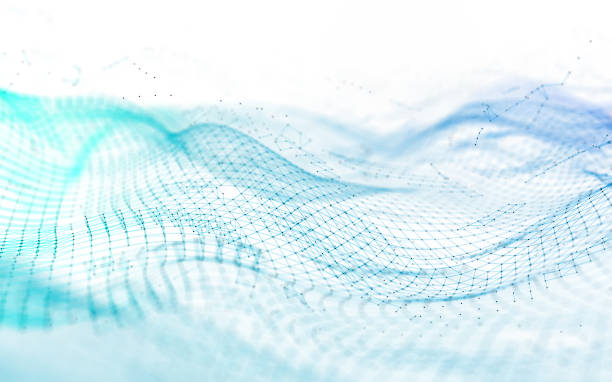 Abstract blue wire mesh emitting particles on a white background