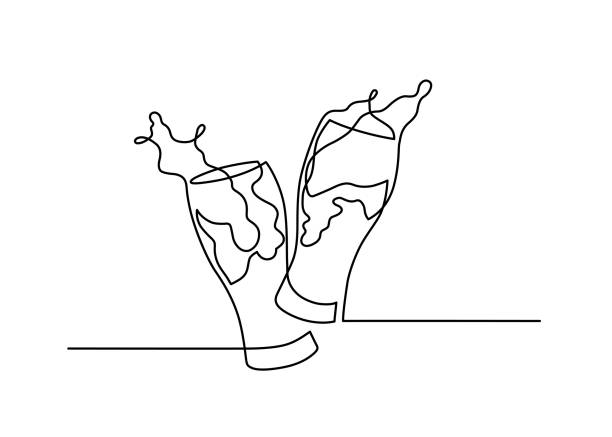 beer glass one line Continuous line drawing two glasses of beer toasting creating splash. Vector illustration. celebratory toast illustrations stock illustrations