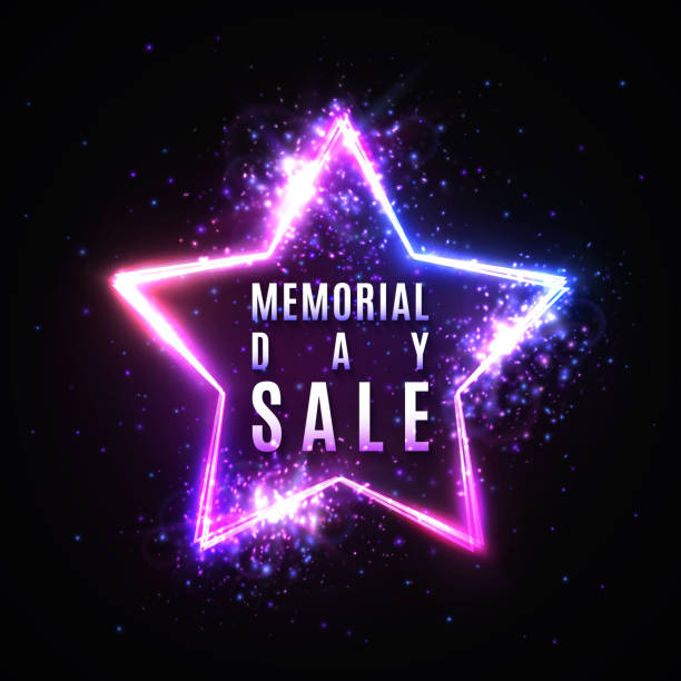 Memorial day sale text in glowing star shape neon sign with particles stars light flash. Discount card or flyer template. Memorial Day banner design. Colorful vector illustration on dark background. Memorial day sale text in glowing star shape neon sign with particles stars light flash. Discount card or flyer template. Memorial Day banner design. Colorful vector illustration on dark background. memorial day weekend stock illustrations