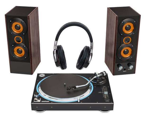 istock Phonograph turntable, loudspeakers and headphones. 3D rendering isolated on white background 1136886215