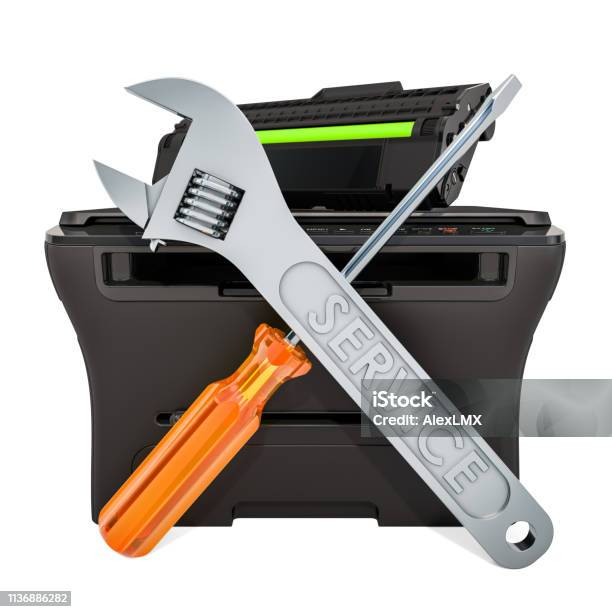 Laser Printer Maintenance And Repair Concept 3d Rendering Isolated On White Background Stock Photo - Download Image Now
