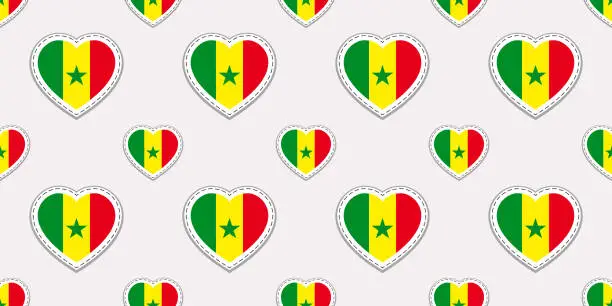 Vector illustration of Senegal flags background. Senegalese flag seamless pattern. Vector stickers. Love hearts symbols. Good choice for sports pages, travel, patriotic, geographic, elements. patriotic wallpaper