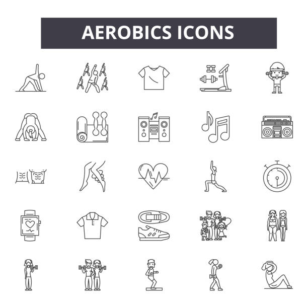 Aerobics line icons. Editable stroke signs. Concept icons: gym, fitness, workout, training, exercise class, body fit etc. Aerobics  outline illustrations Aerobics line icons. Editable stroke. Concept illustrations: gym, fitness, workout, training, exercise class, body fit etc. Aerobics  outline icons aerobics stock illustrations