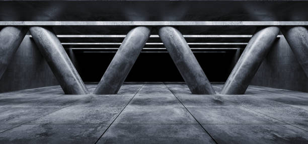 istock Sci Fi Concrete Grunge Alien Spaceship Tilted Triangle Shaped Huge Columns In Dark Tiled Hall Garage Underground Gallery Room Tunnel Corridor Realistic Background 3D Rendering 1136892734