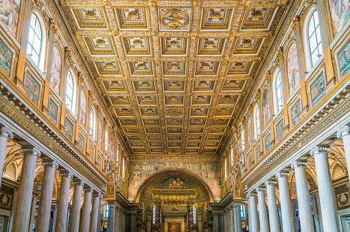 Coffered golden ceiling in the Basilica of Santa Maria Maggiore in Rome, Italy.