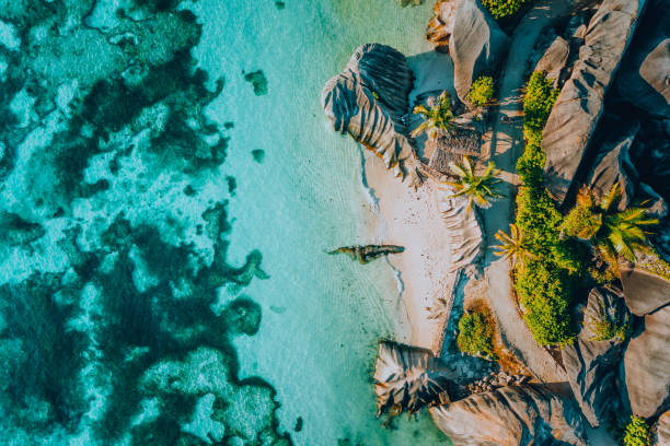 foto aerea di un paradiso famoso come la spiaggia tropicale anse source d argent sull'isola di la digue, seychelles. concetto di vacanze estive, viaggi e stile di vita - seychelles foto e immagini stock