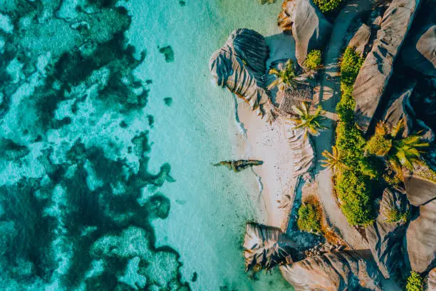 Photo of Aerial photo of famous paradise like tropical beach Anse Source D Argent at La Digue island, Seychelles. Summer vacation, travel and lifestyle concept