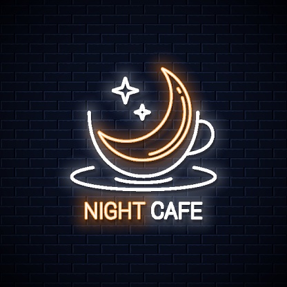 Coffee cup . Night coffee with moon linear design on black background 10 eps