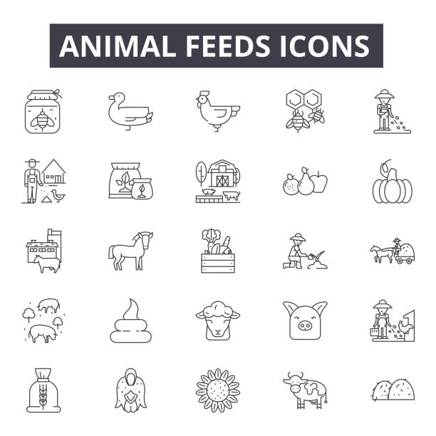 stockillustraties, clipart, cartoons en iconen met dierlijke feeds lijn iconen voor web-en mobiele design. bewerkbare lijn tekens. diervoeders schets concept illustraties - gevoerd worden