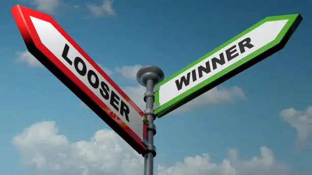 Two street arrow signs pointing to different directions; one is red, with the write LOOSER; one is green with the write WINNER - 3D rendering illustration
