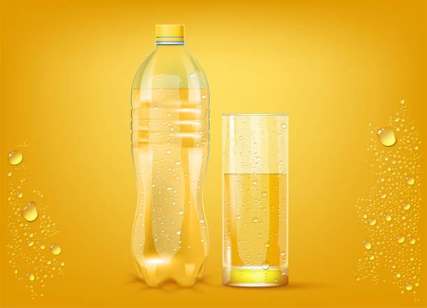 Transparent Orange Juice Transparent Orange Juice Plastic Bottle And Slightly Glass Background. 3d Photo Realistic Vector Illustration carbonated juice stock illustrations