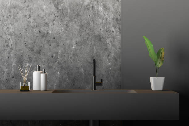 istock Close up of gray bathroom sink 1136896666