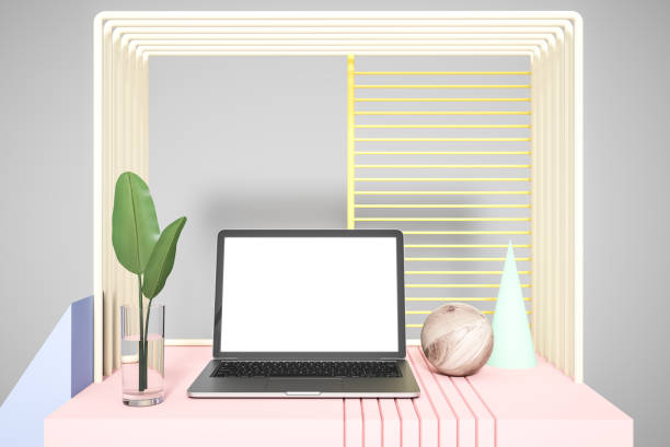 istock Mock up laptop over abstract gray background 1136896723