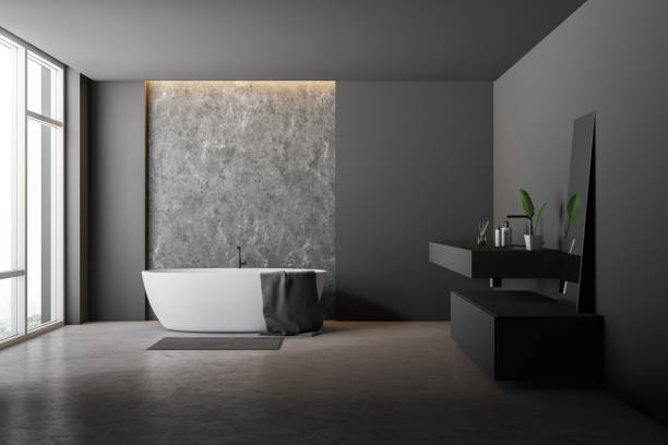 istock Gray bathroom interior, tub and sink 1136897016