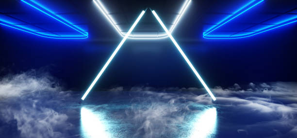 istock Smoke Fog Reflective Room Neon Laser Glowing Blue White Led Lights Triangle Shape Reflecting On Concrete Sci Fi Futuristic Background Empty Hall Garage Alien Spaceship Tunnel 3D Rendering 1136898204